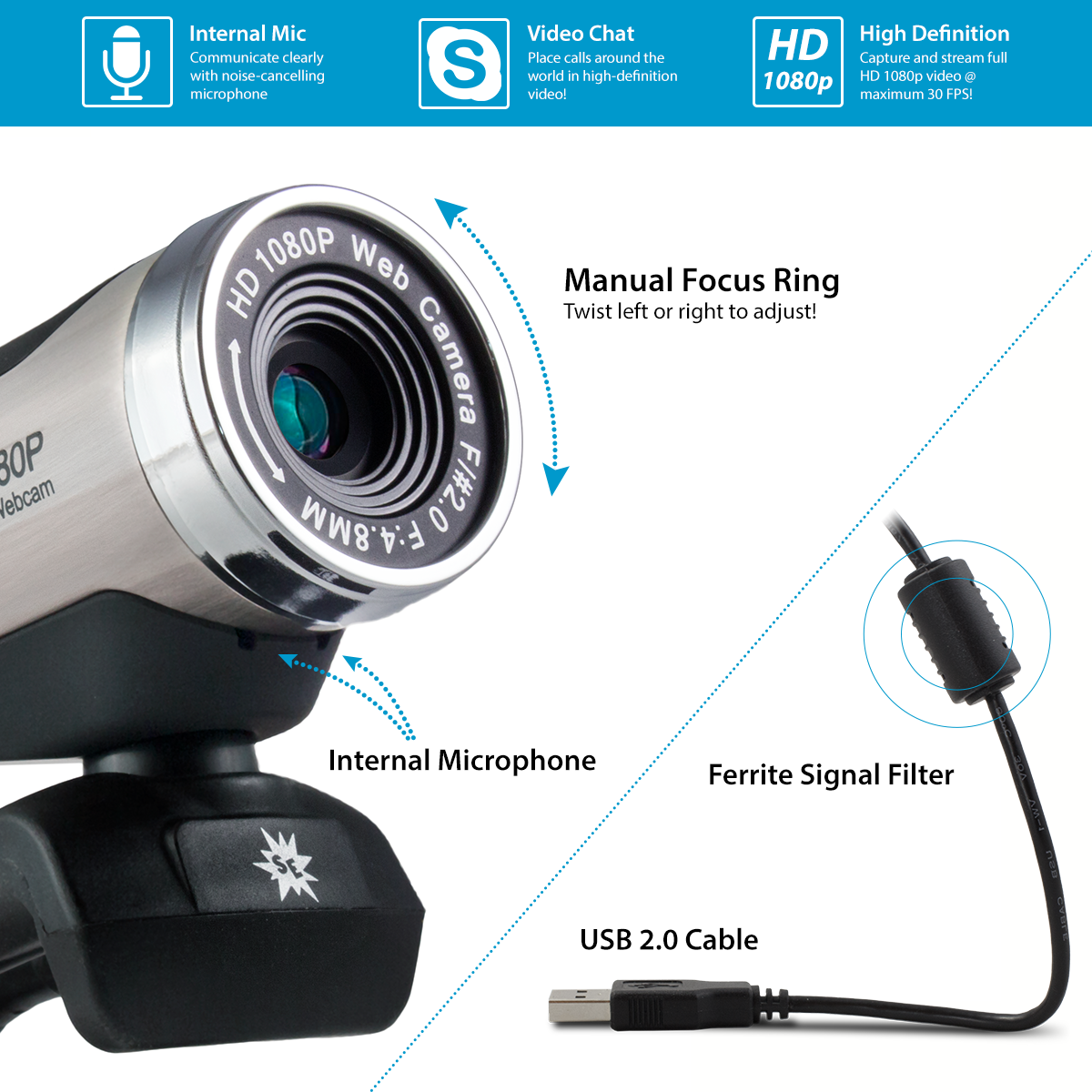 1080P HD Webcam - Business USB Webcam w/ Mic | WyreStorm FOCUS 100 Webcam